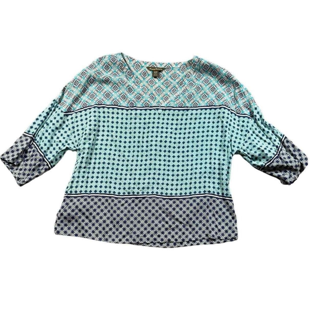 Tommy Bahama Boho Blue V-Neck Mixed Print Summer Top Size M 3/4 Sleeve Rayon